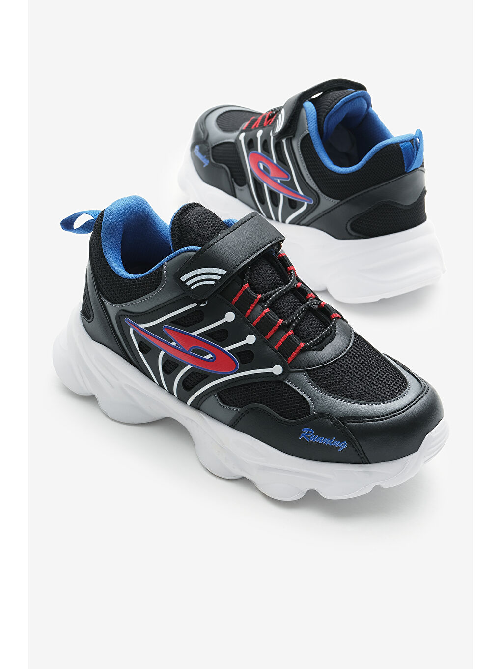 Çocuk Unisex Siyah Sax Faylon Taban Desenli Lastik Bağcıklı ve Cırtlı Spor Ayakkabı-2