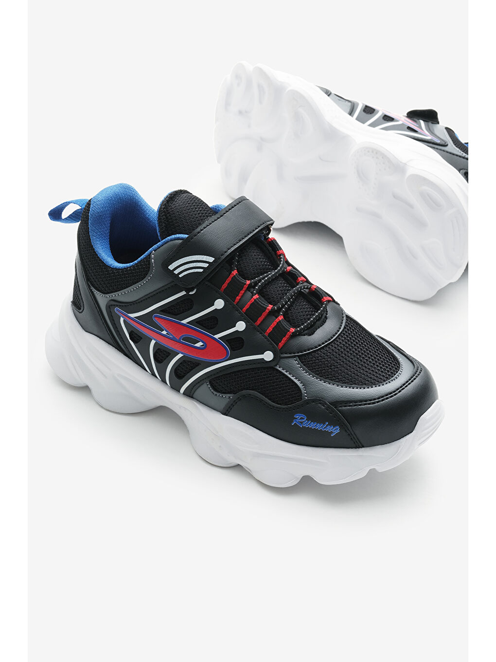 Çocuk Unisex Siyah Sax Faylon Taban Desenli Lastik Bağcıklı ve Cırtlı Spor Ayakkabı-3