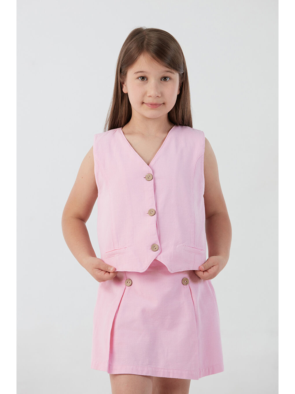 Pembe Yelekli Kız Çocuk Şort Etek 2 Li Takım-2