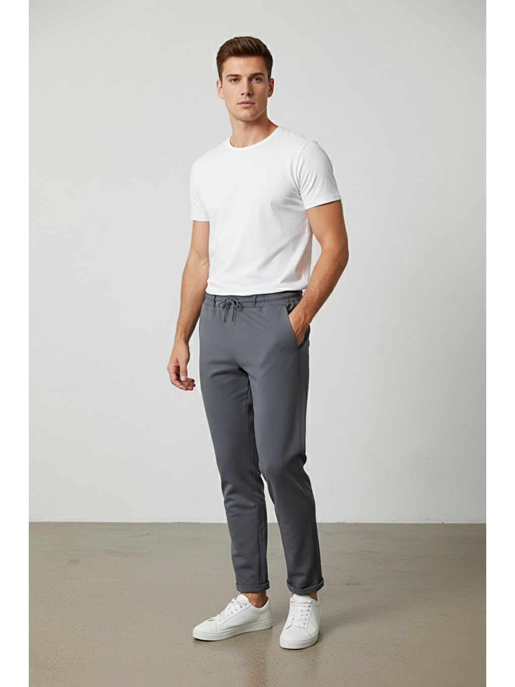 Gri Beli Bağlamalı Duble Paça Pantolon