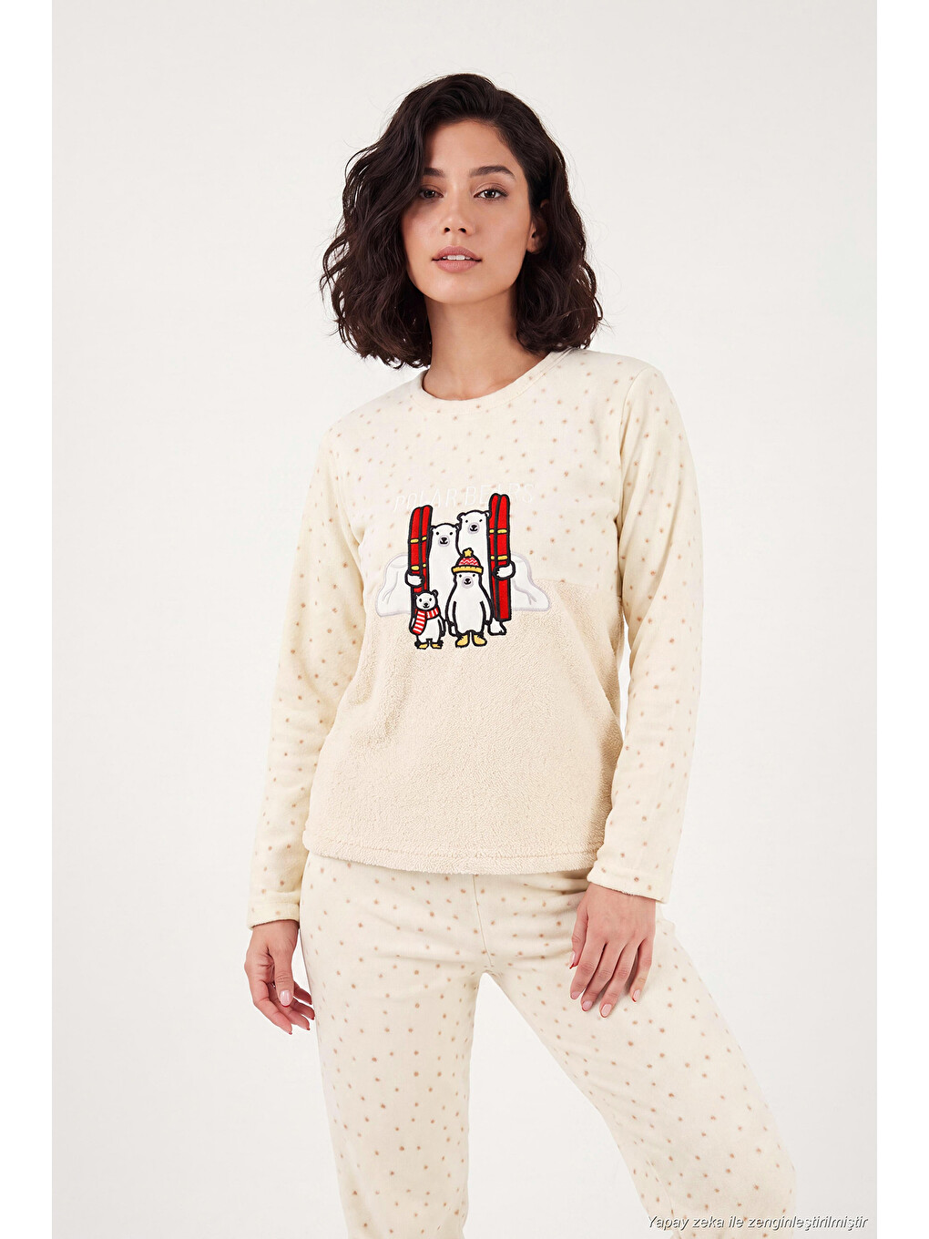 Ekru Desenli Yumuşak Dokulu Kışlık Polar Kadın Pijama Takımı 6575031-3