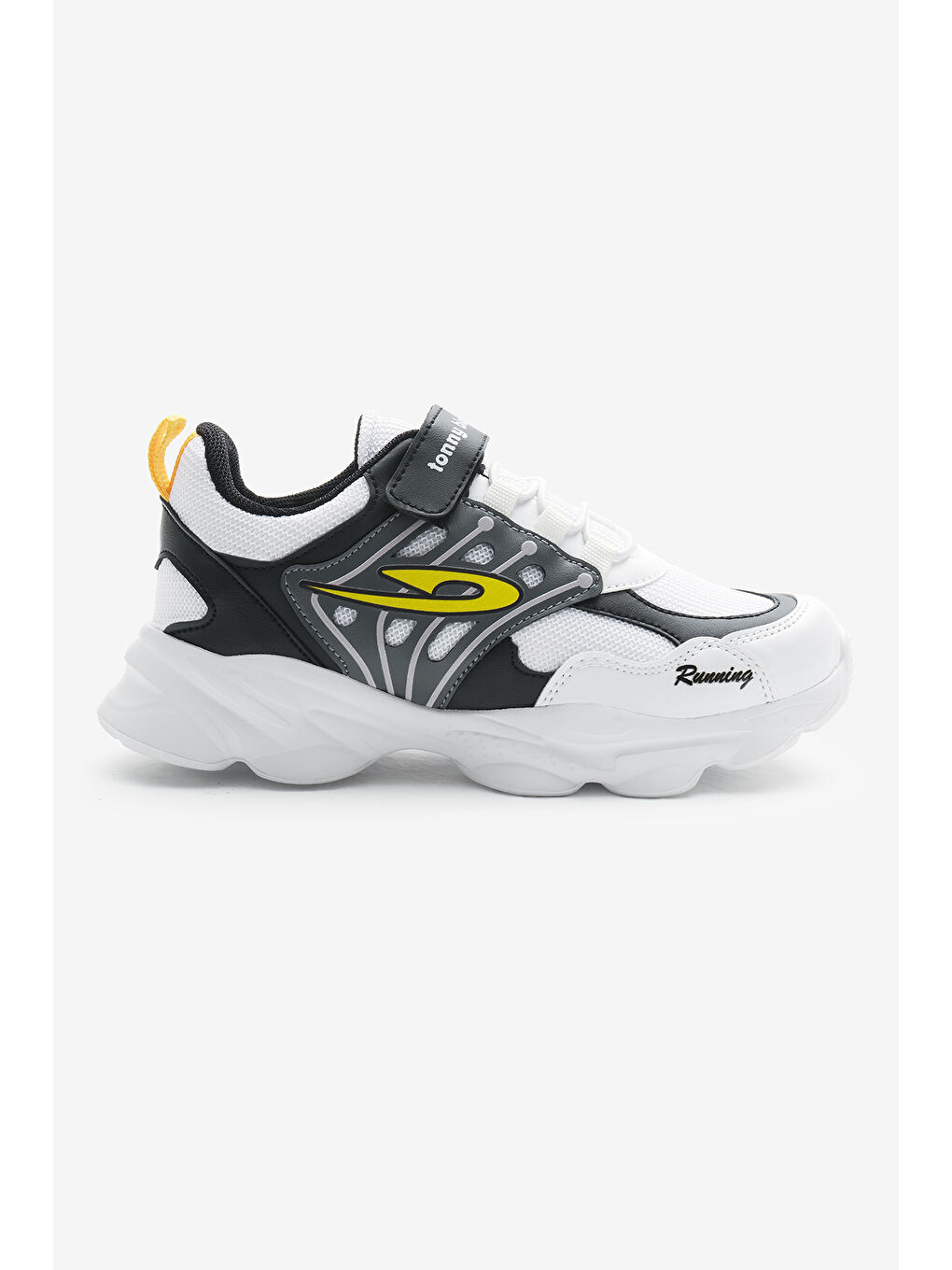 Çocuk Unisex Beyaz Siyah Faylon Taban Desenli Lastik Bağcıklı ve Cırtlı Spor Ayakkabı-1