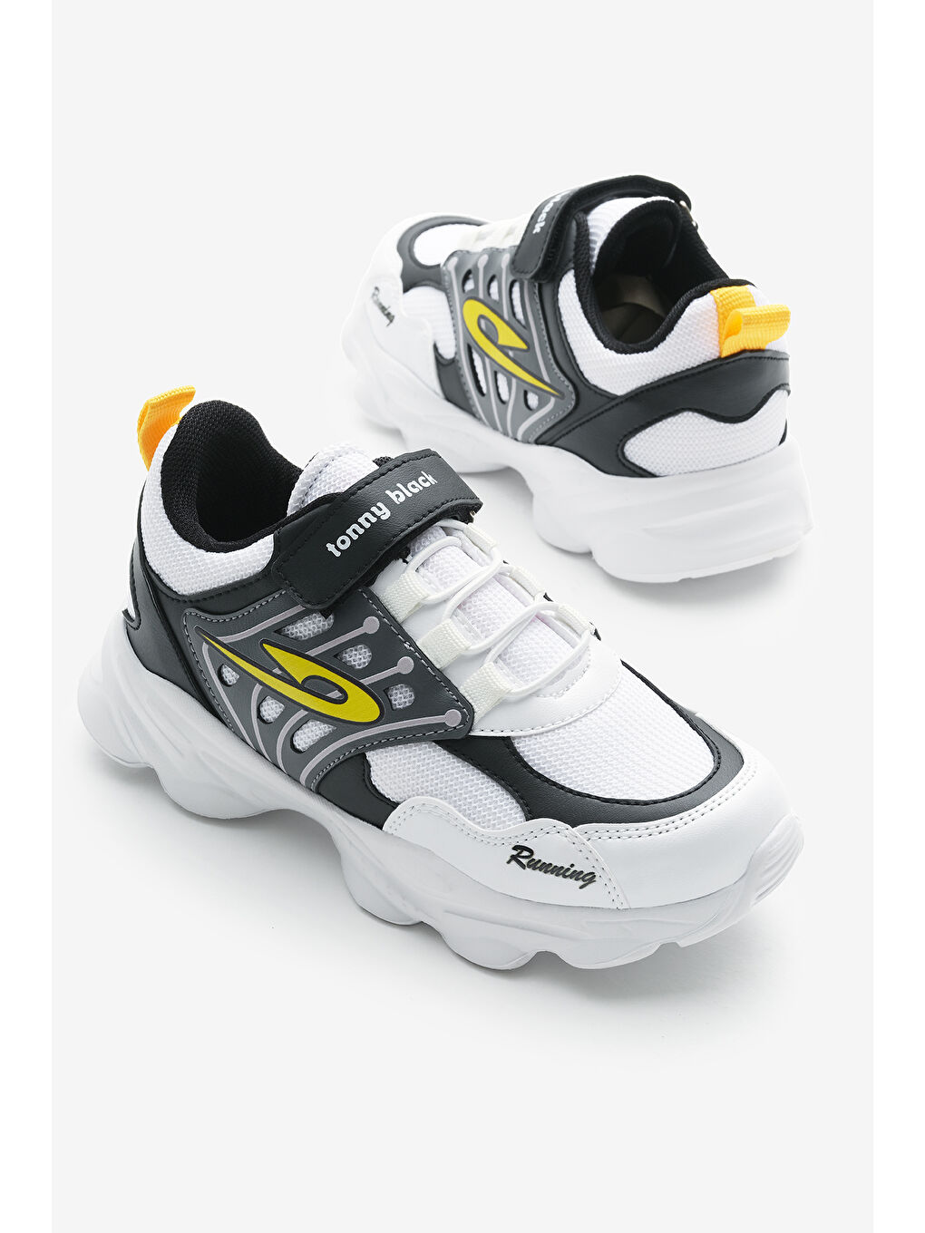 Çocuk Unisex Beyaz Siyah Faylon Taban Desenli Lastik Bağcıklı ve Cırtlı Spor Ayakkabı-2