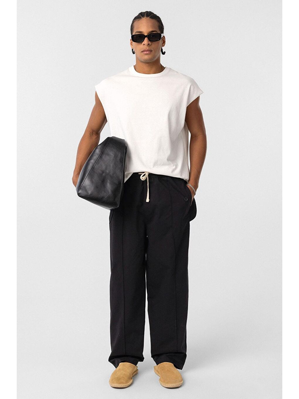 Bağcıklı Baggy Gabardin Erkek Pantolon Siyah