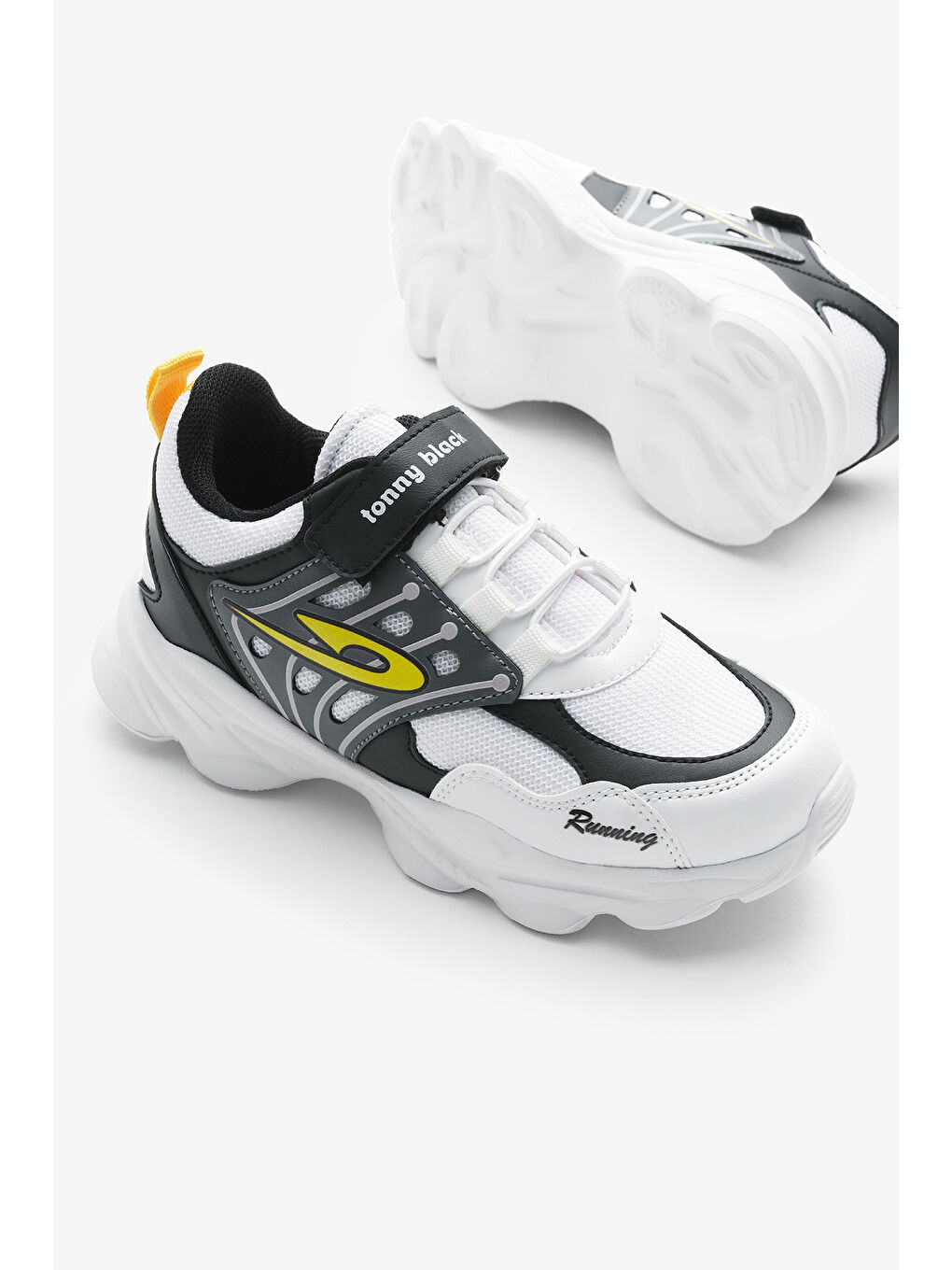 Çocuk Unisex Beyaz Siyah Faylon Taban Desenli Lastik Bağcıklı ve Cırtlı Spor Ayakkabı-3