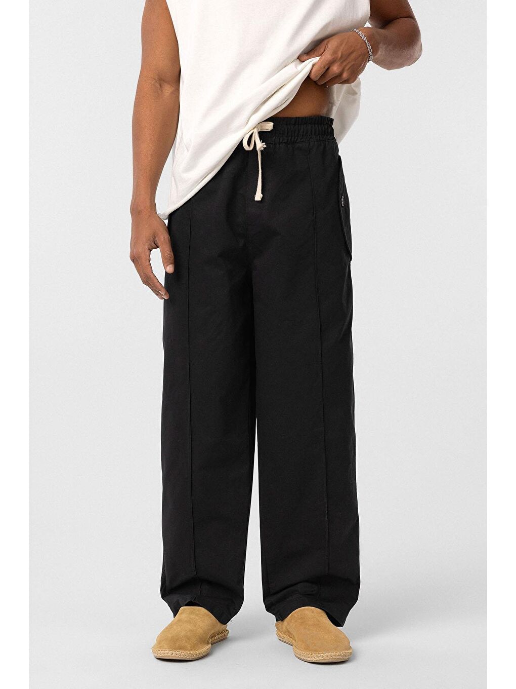 Bağcıklı Baggy Gabardin Erkek Pantolon Siyah-2
