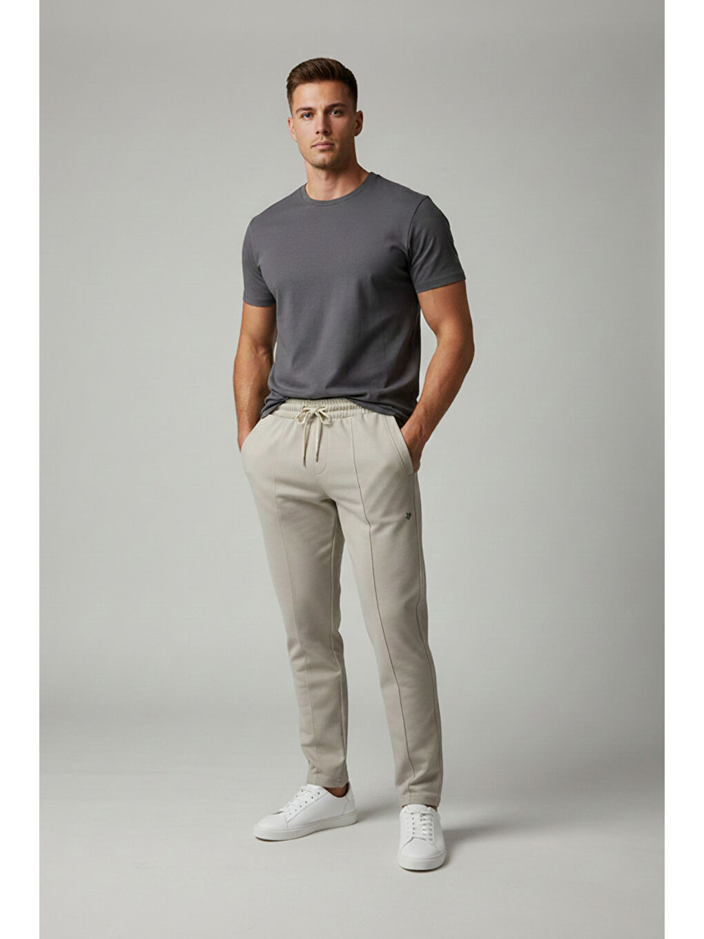 Bej Beli Bağlamalı Çimalı Baskılı Pantolon