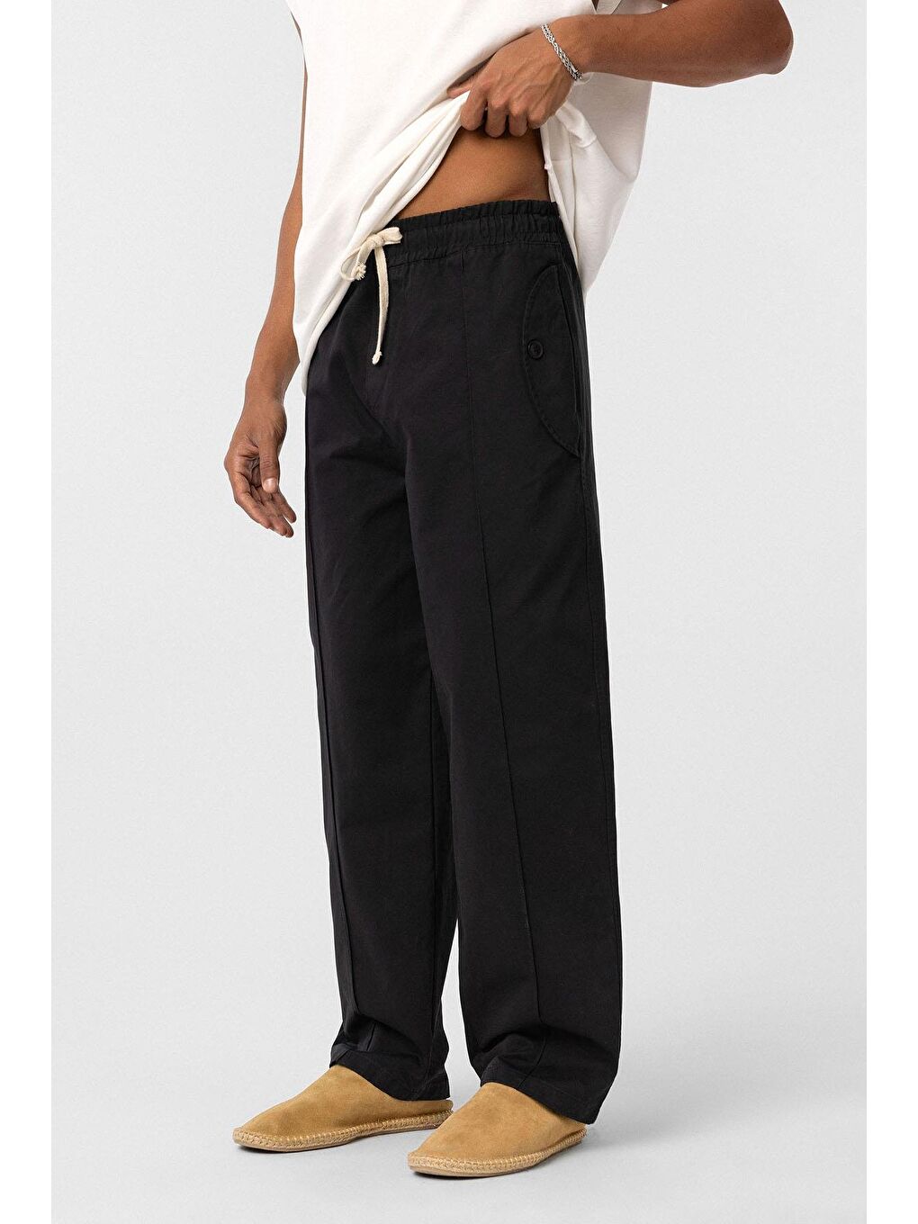 Bağcıklı Baggy Gabardin Erkek Pantolon Siyah-3