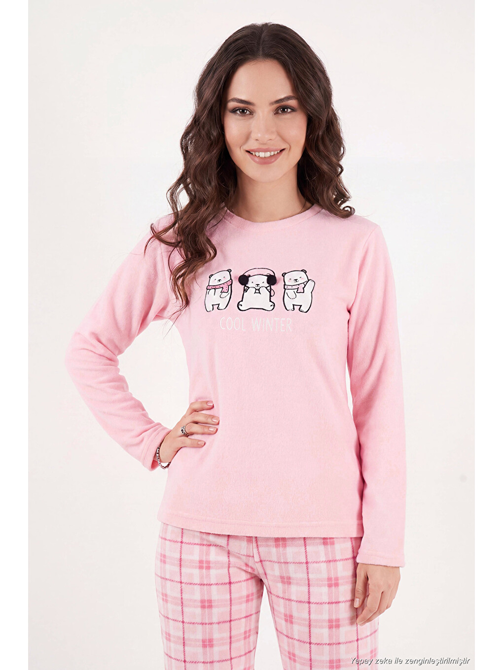 Pembe Desenli Yumuşak Dokulu Kışlık Polar Kadın Pijama Takımı 6575031-3