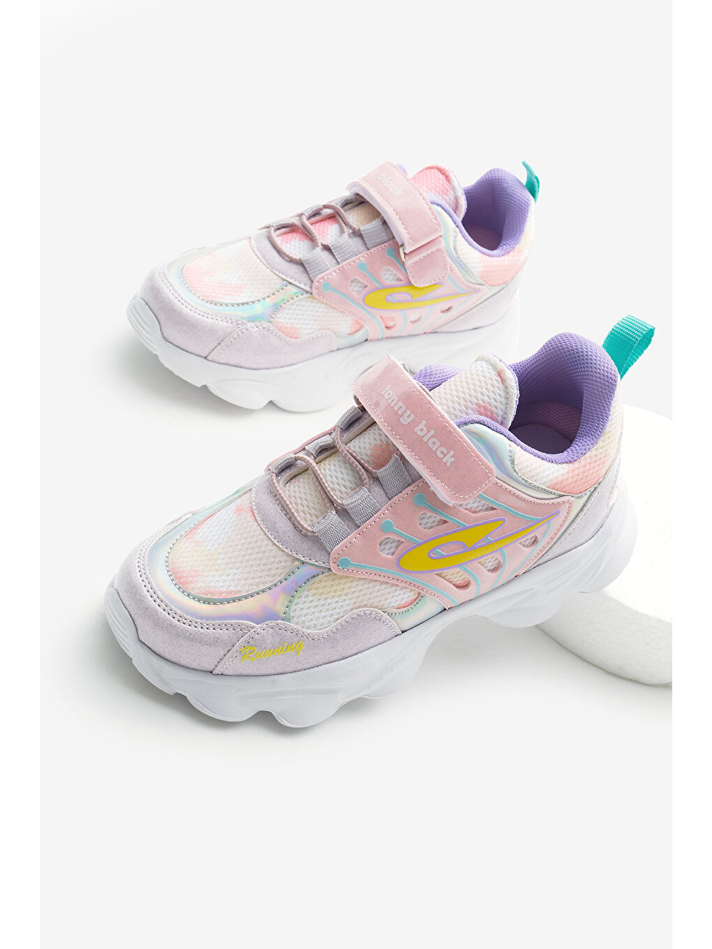 Çocuk Unisex Gri Pudra Faylon Taban Desenli Lastik Bağcıklı ve Cırtlı Spor Ayakkabı