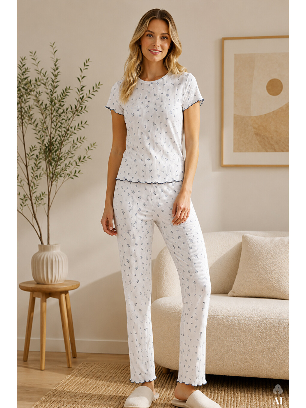 Mavi Kadın Pamuklu Çıtır Çiçek Desenli Baby Overloklu Kısa Kollu Pijama Takımı-1