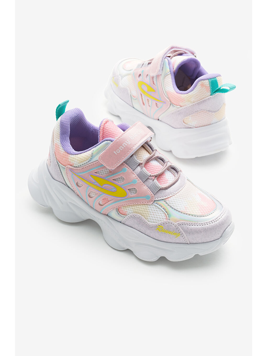 Çocuk Unisex Gri Pudra Faylon Taban Desenli Lastik Bağcıklı ve Cırtlı Spor Ayakkabı-2