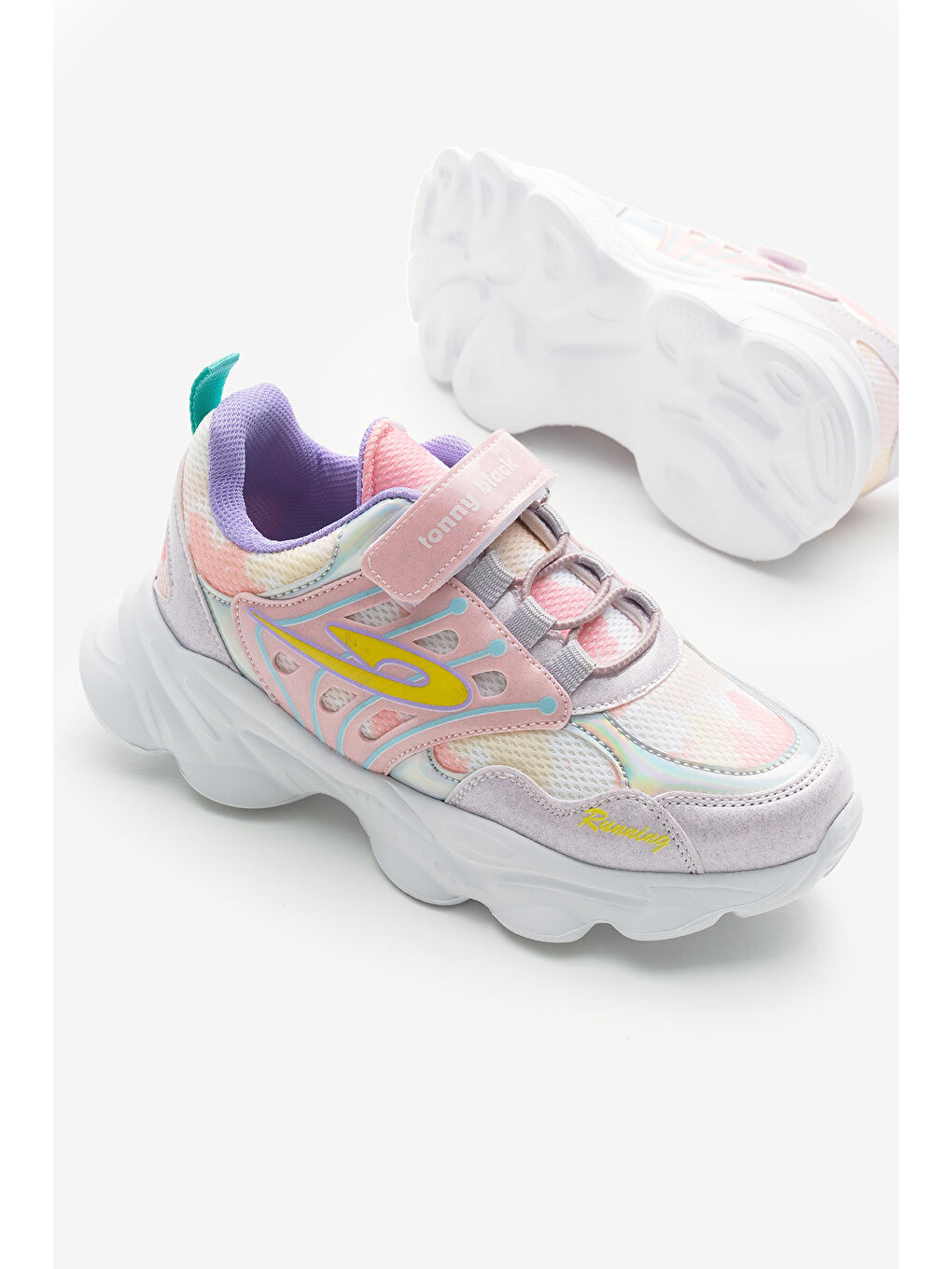 Çocuk Unisex Gri Pudra Faylon Taban Desenli Lastik Bağcıklı ve Cırtlı Spor Ayakkabı-3