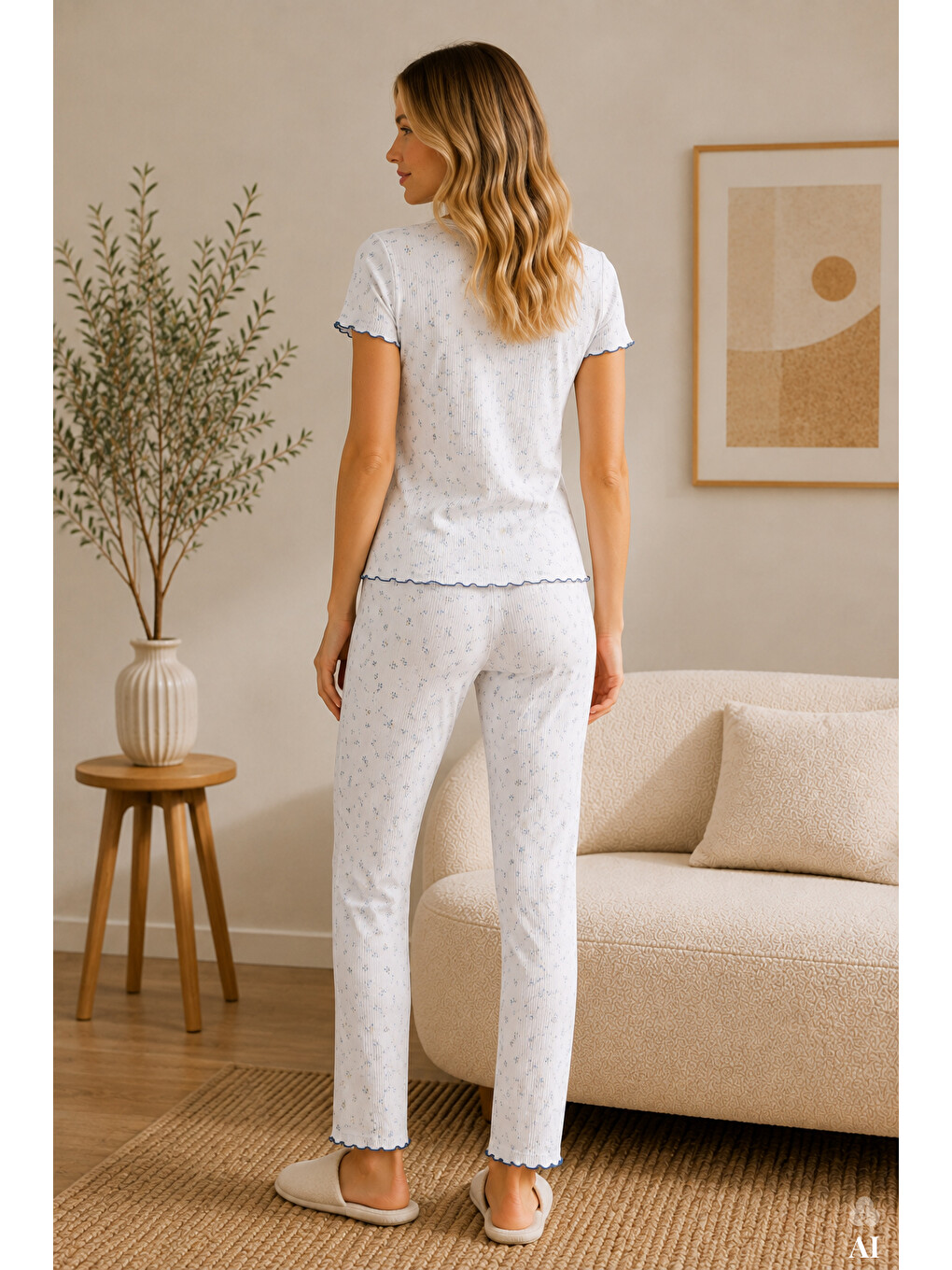Mavi Kadın Pamuklu Çıtır Çiçek Desenli Baby Overloklu Kısa Kollu Pijama Takımı-3