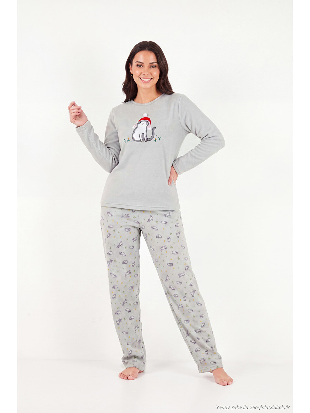 Gri Desenli Yumuşak Dokulu Kışlık Polar Kadın Pijama Takımı 6575031-2