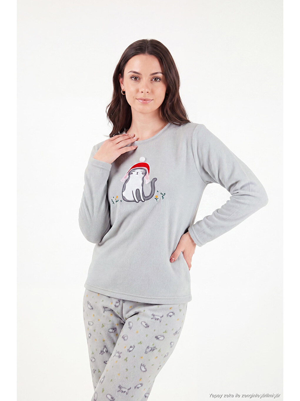 Gri Desenli Yumuşak Dokulu Kışlık Polar Kadın Pijama Takımı 6575031-3