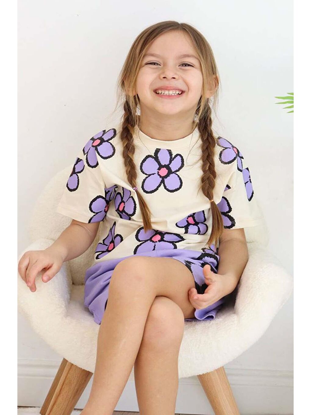 Kız Çocuk Çiçek Baskılı Mor Şortlu Takım-1
