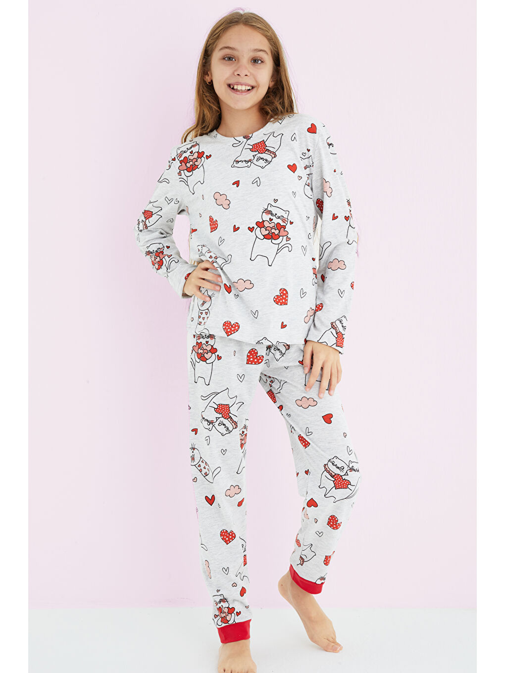 SİYAH İNCİ Kız Çocuk Gri Renkli Desenli Pamuklu Pijama Takım 24225705