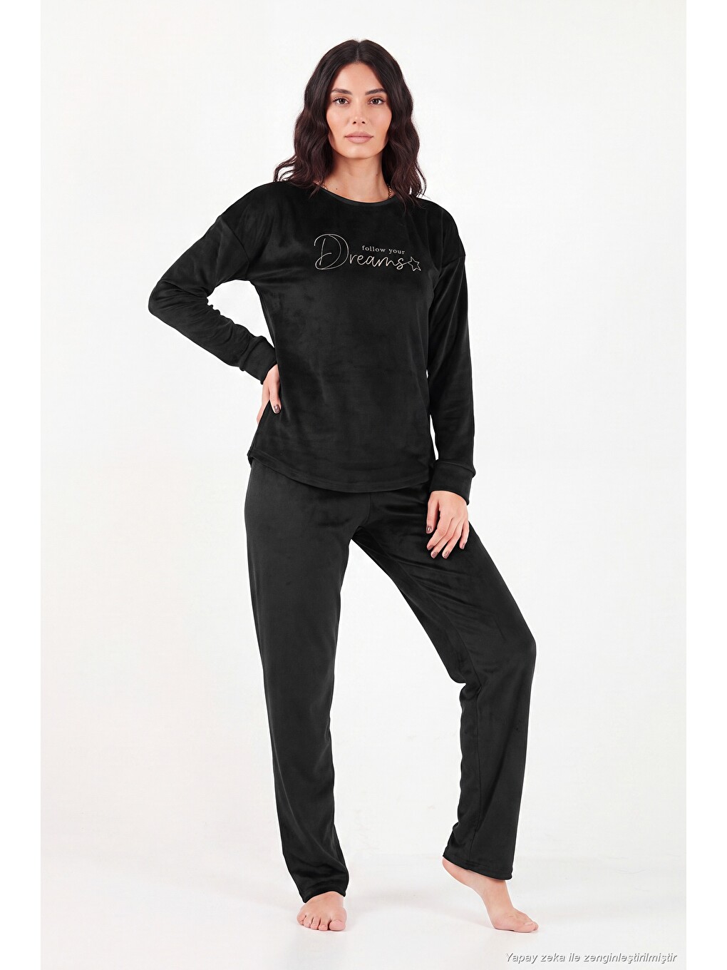 Siyah Bisiklet Yaka Yumuşak Dokulu Parlak Kadife Kadın Pijama Takımı 6094209-1
