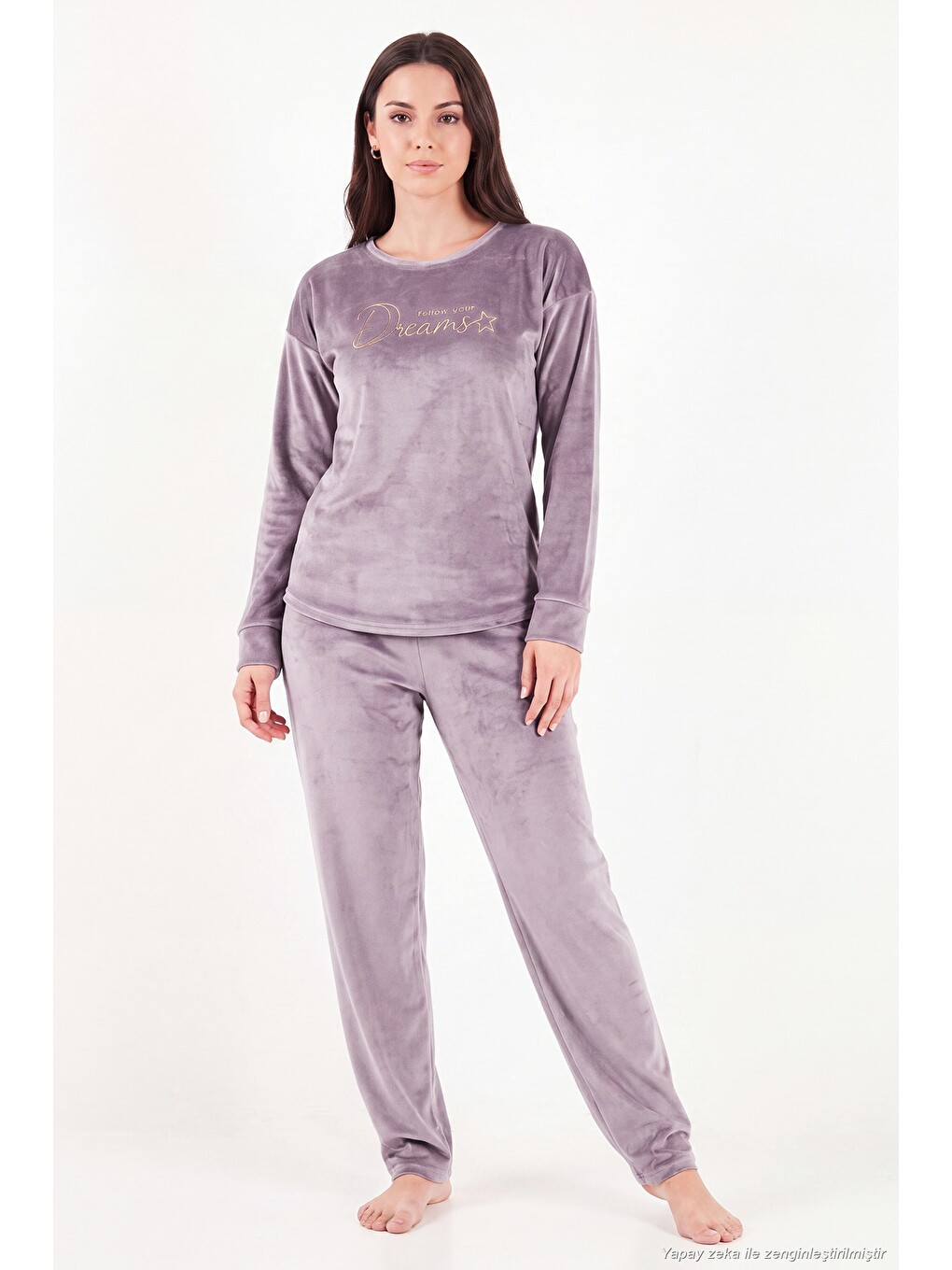 Lila Bisiklet Yaka Yumuşak Dokulu Parlak Kadife Kadın Pijama Takımı 6094209-1