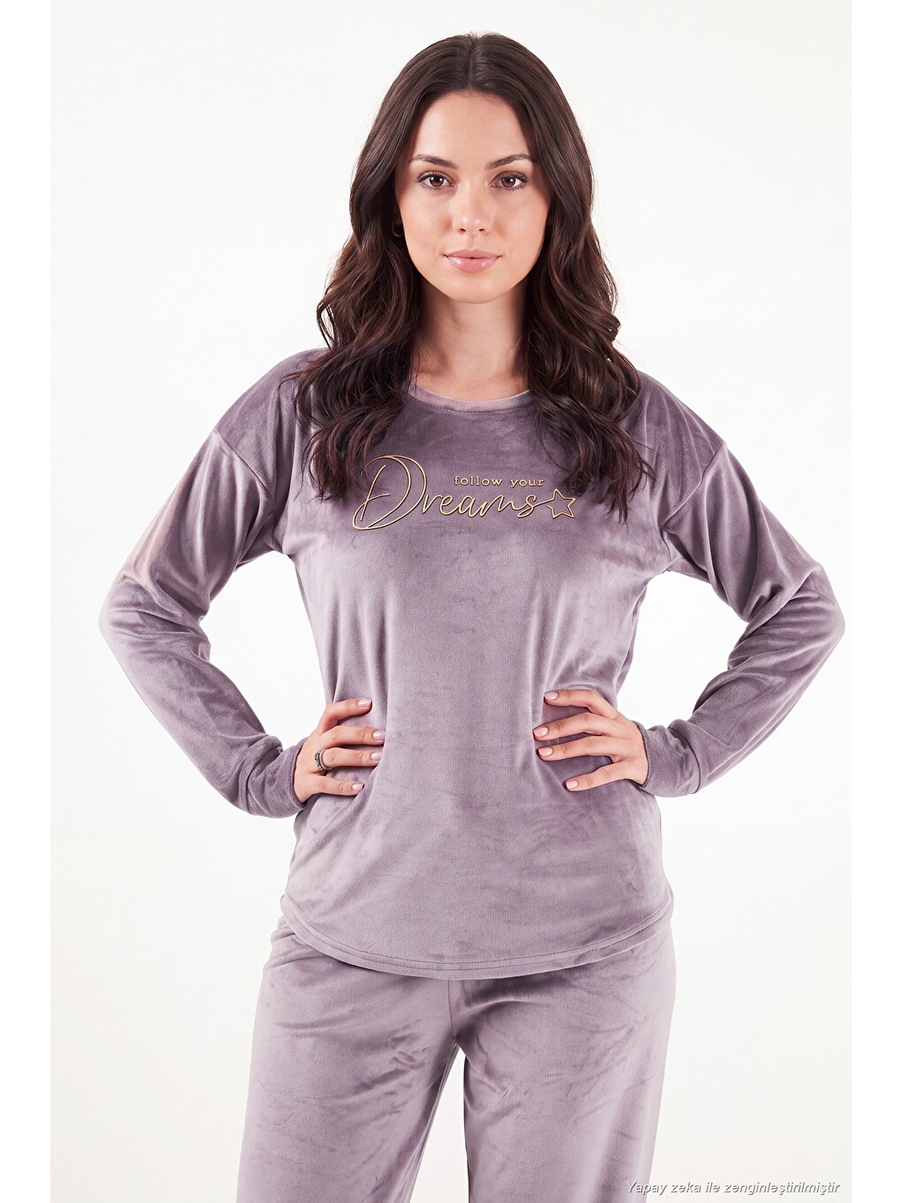 Lila Bisiklet Yaka Yumuşak Dokulu Parlak Kadife Kadın Pijama Takımı 6094209-2