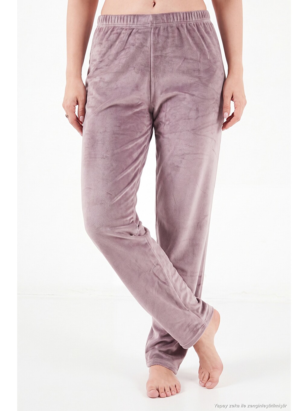 Lila Bisiklet Yaka Yumuşak Dokulu Parlak Kadife Kadın Pijama Takımı 6094209-3