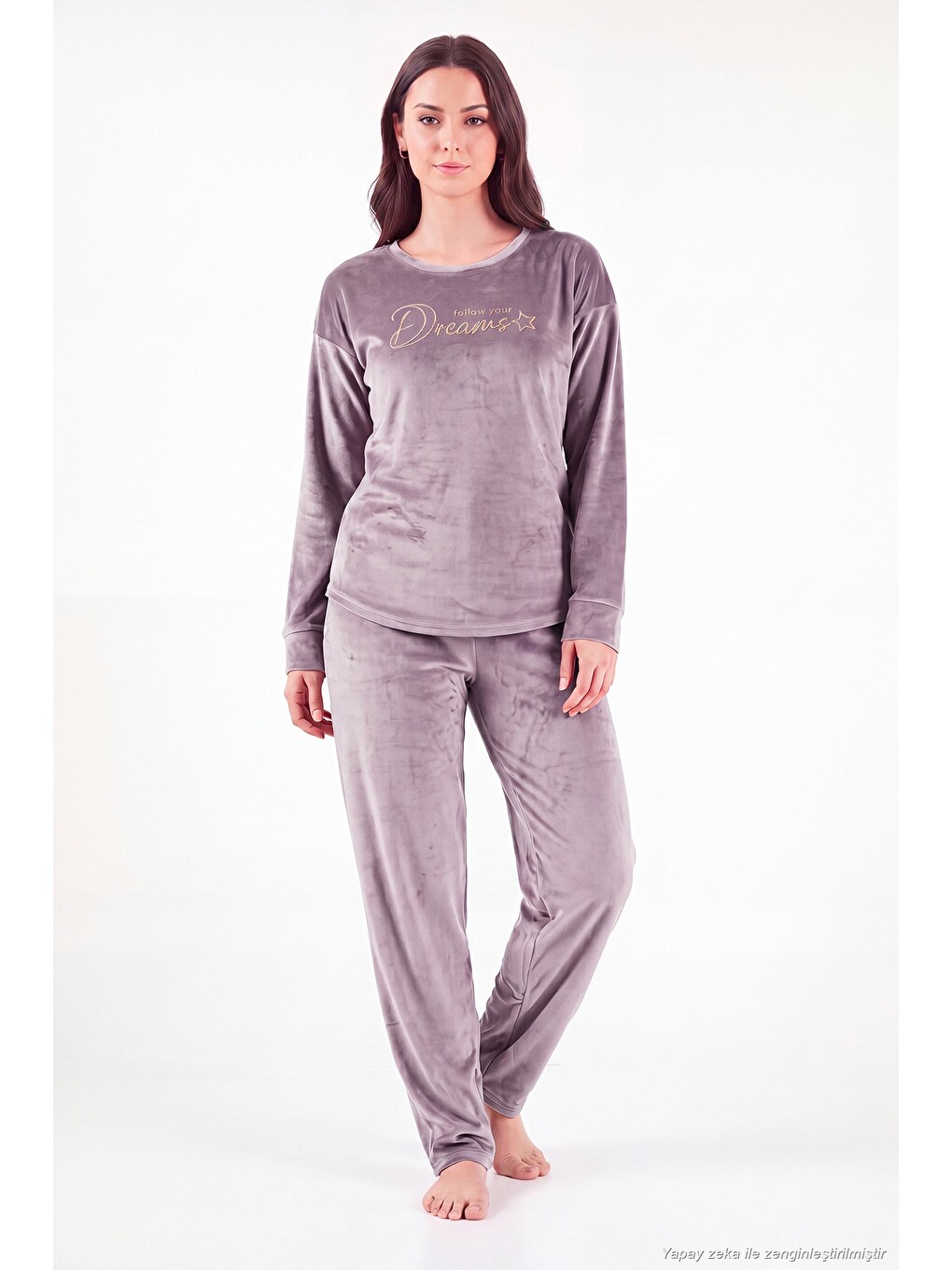 Lila Bisiklet Yaka Yumuşak Dokulu Parlak Kadife Kadın Pijama Takımı 6094209-4
