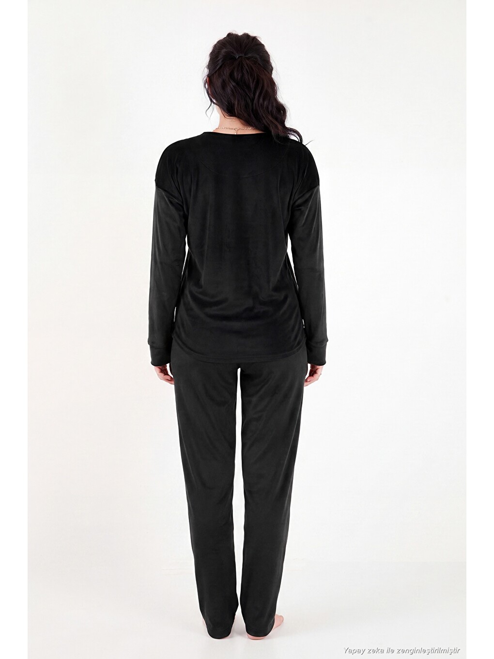 Siyah Bisiklet Yaka Yumuşak Dokulu Parlak Kadife Kadın Pijama Takımı 6094209-6