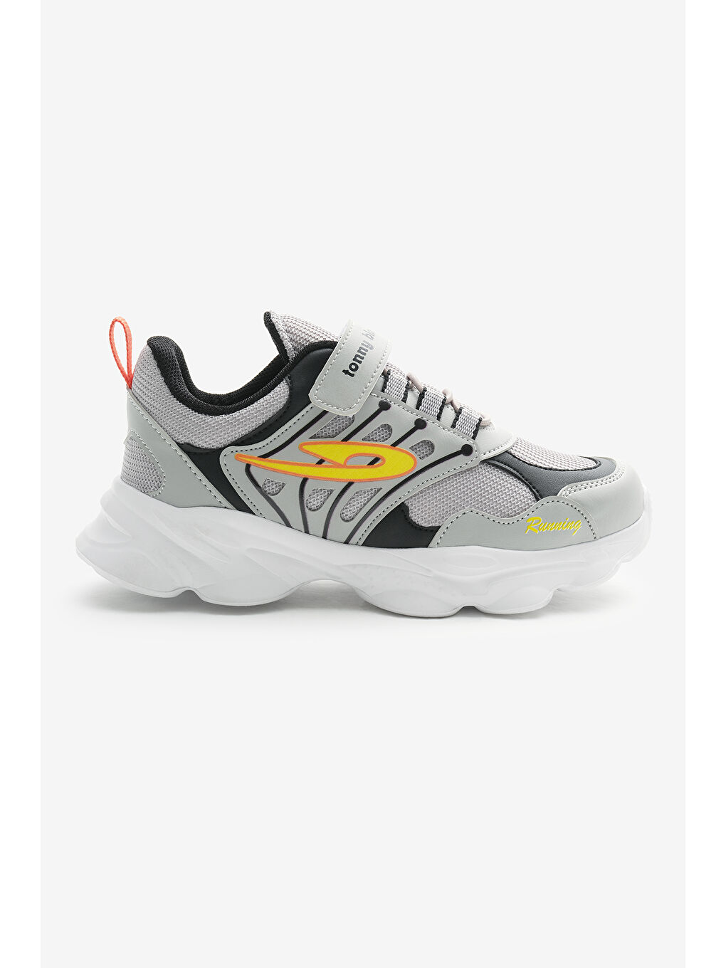 Çocuk Unisex Gri Siyah Faylon Taban Desenli Lastik Bağcıklı ve Cırtlı Spor Ayakkabı-1