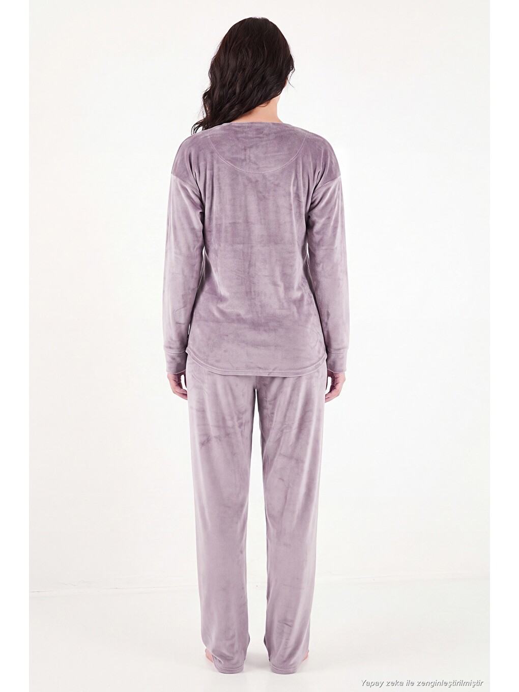 Lila Bisiklet Yaka Yumuşak Dokulu Parlak Kadife Kadın Pijama Takımı 6094209-5