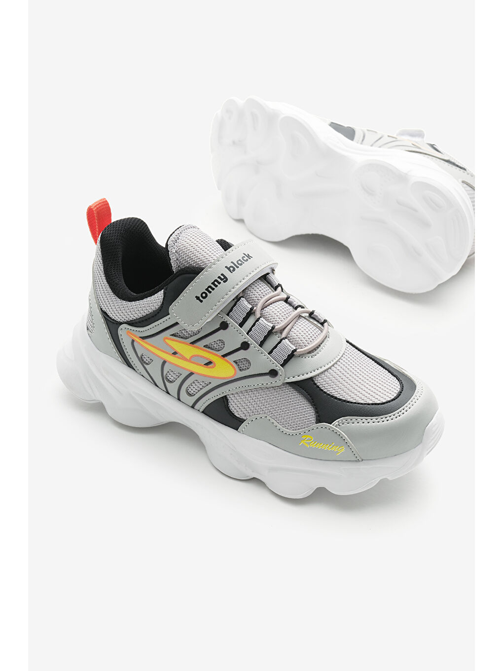 Çocuk Unisex Gri Siyah Faylon Taban Desenli Lastik Bağcıklı ve Cırtlı Spor Ayakkabı-3
