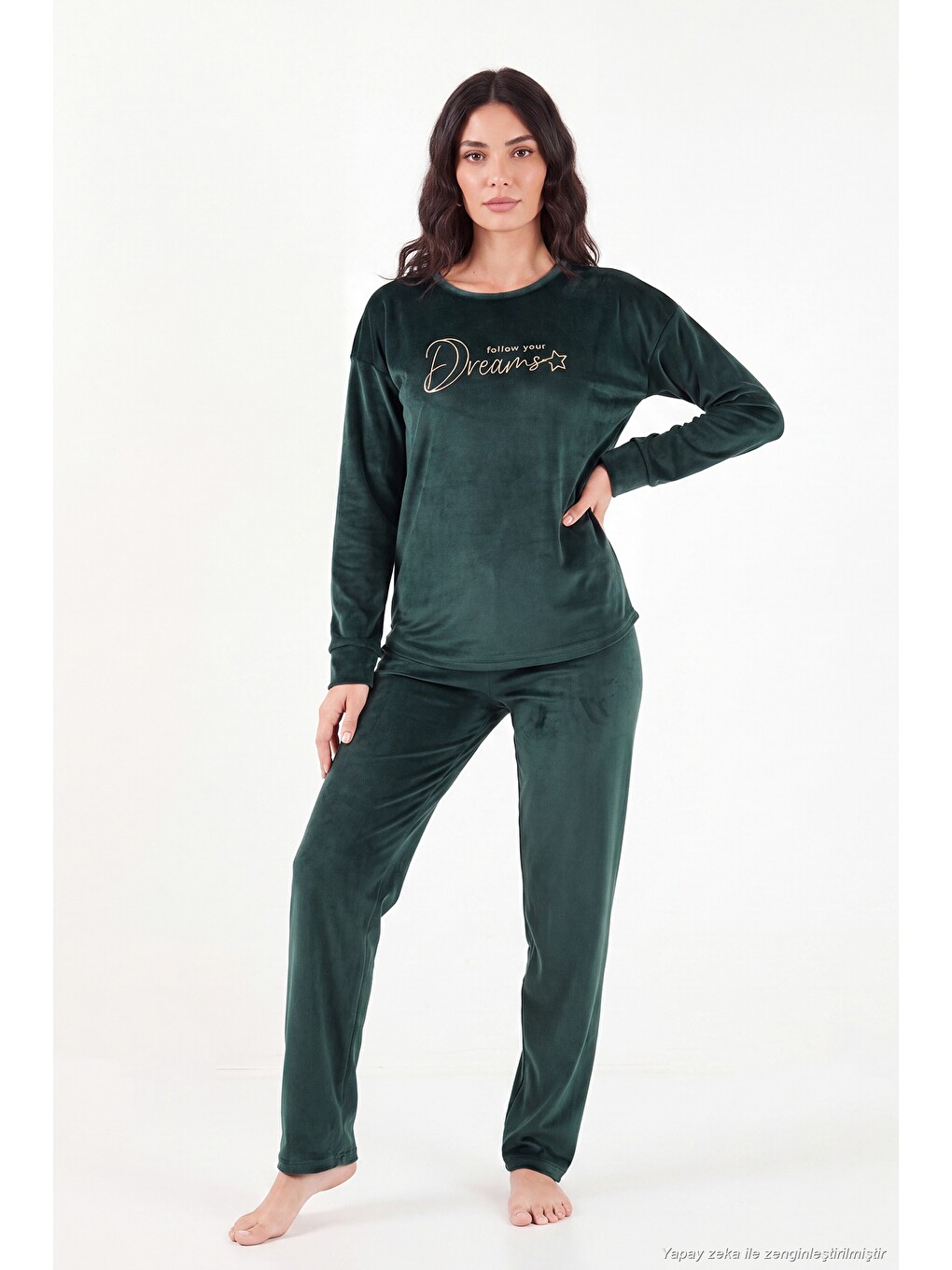 Yeşil Bisiklet Yaka Yumuşak Dokulu Parlak Kadife Kadın Pijama Takımı 6094209-1