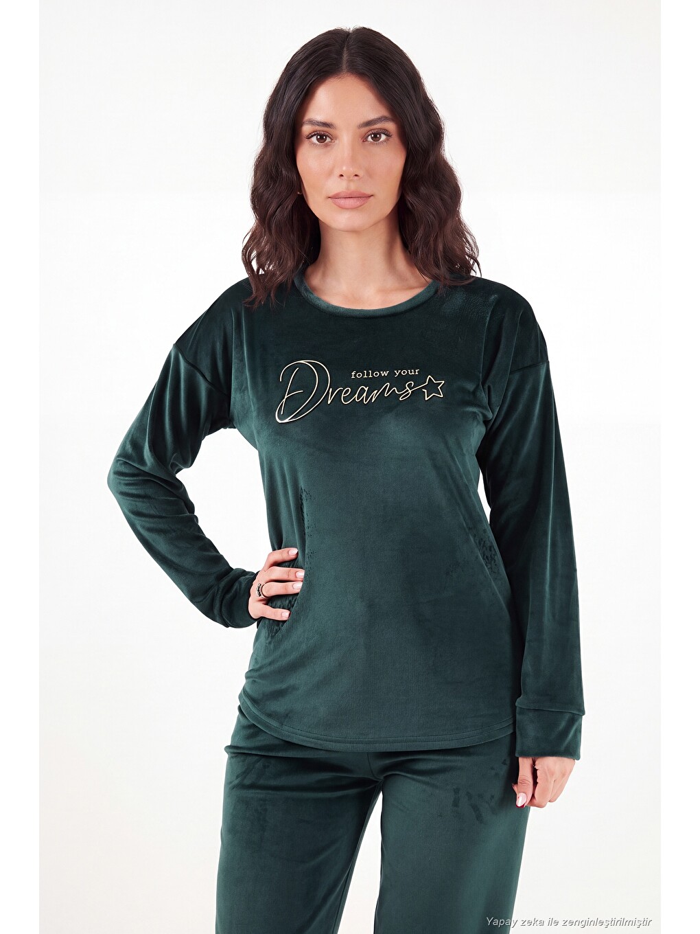 Yeşil Bisiklet Yaka Yumuşak Dokulu Parlak Kadife Kadın Pijama Takımı 6094209-2