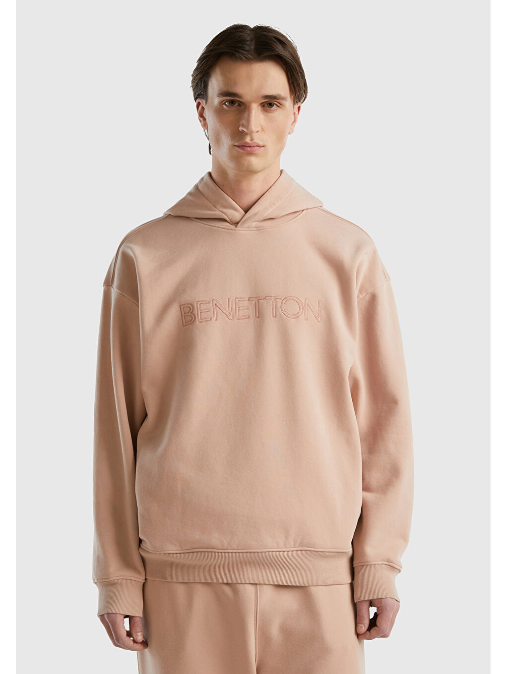 United Colors Of Benetton Pembe Erkek Pudra Pamuk Karışımlı Önü Logo Baskılı Kapüşonlu Sweatshirt