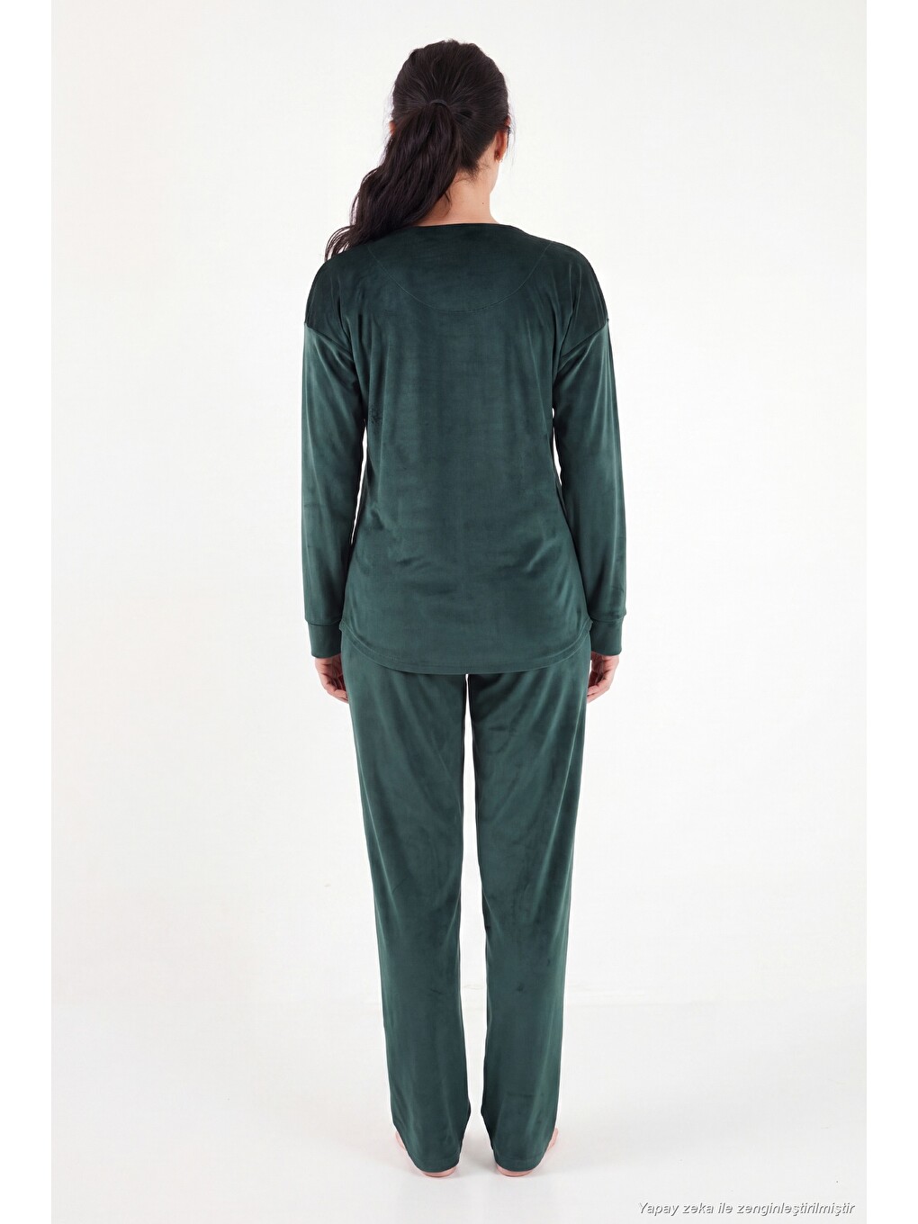 Yeşil Bisiklet Yaka Yumuşak Dokulu Parlak Kadife Kadın Pijama Takımı 6094209-4