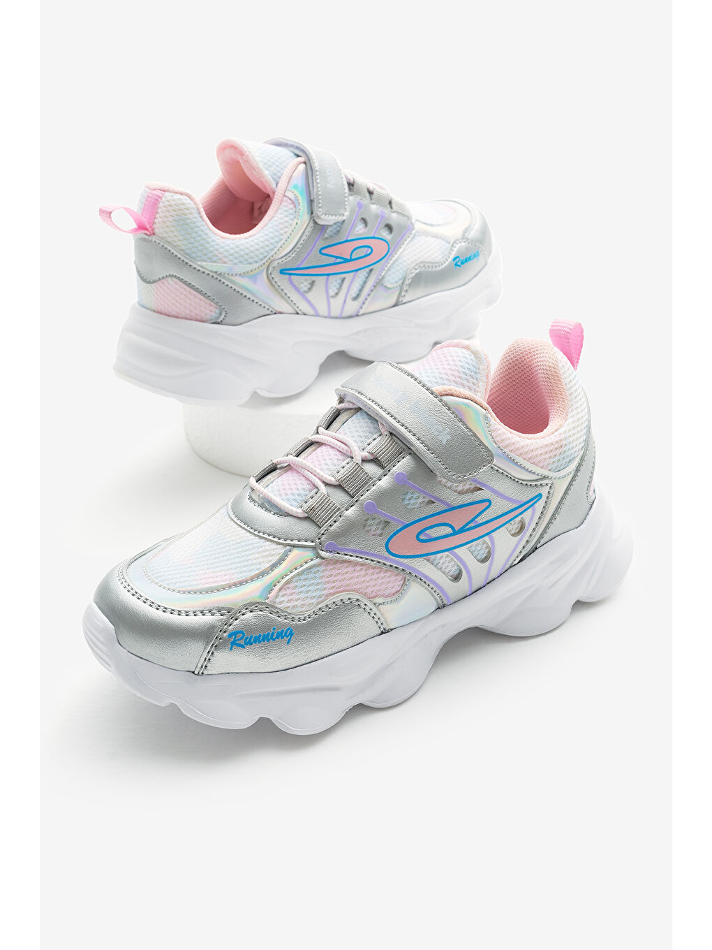 Çocuk Unisex Gri Faylon Taban Desenli Lastik Bağcıklı ve Cırtlı Spor Ayakkabı