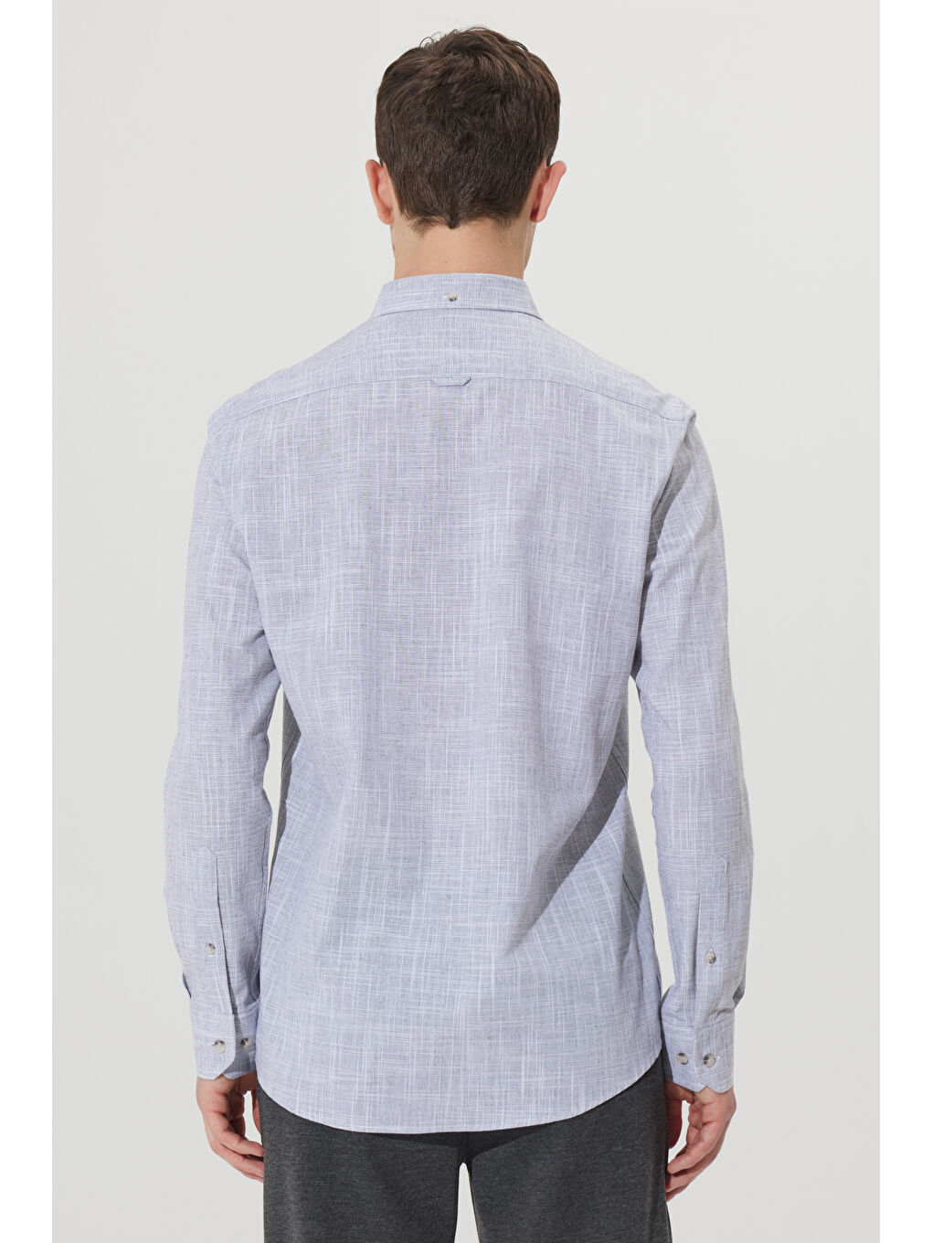 Erkek Antrasit Slim Fit Dar Kesim Düğmeli Yaka Keten Görünümlü %100 Pamuk Flamlı Gömlek-6