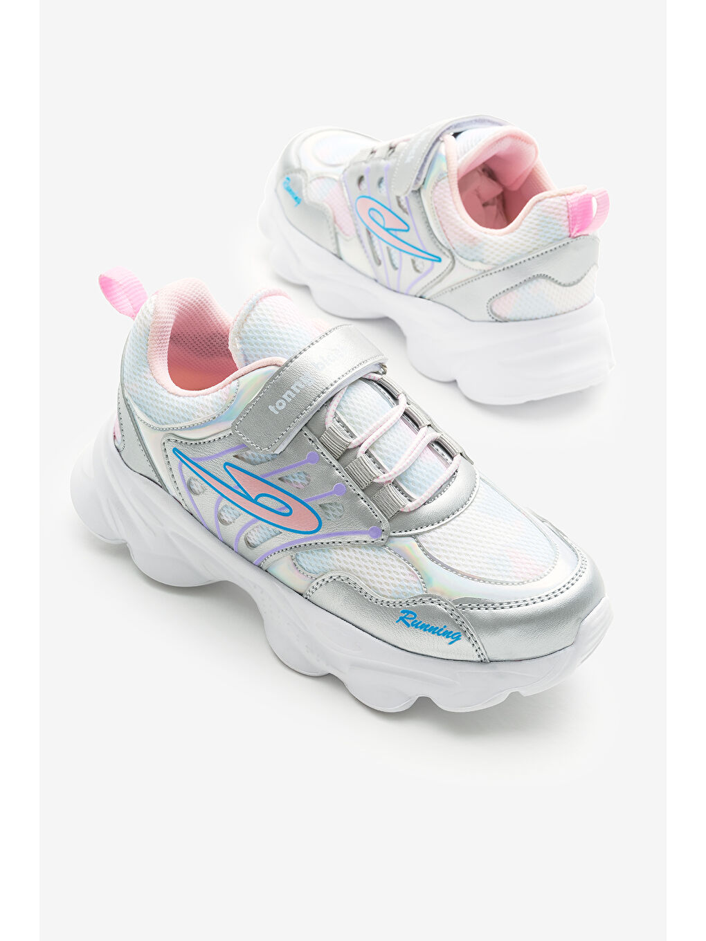 Çocuk Unisex Gri Faylon Taban Desenli Lastik Bağcıklı ve Cırtlı Spor Ayakkabı-2