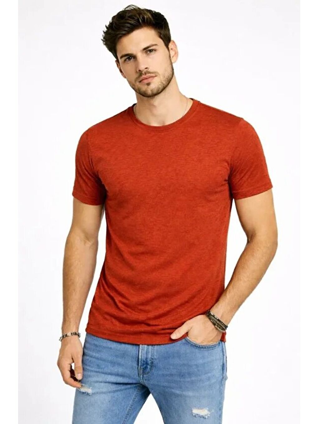Kahverengi Erkek Flam Kumaş Melanj Dokulu Regular Fit Tişört