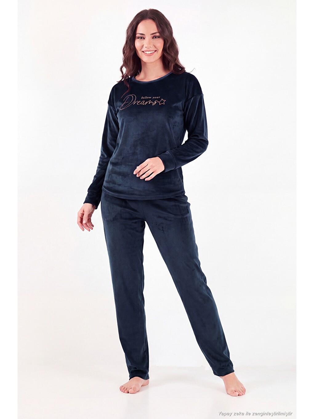 Lacivert Bisiklet Yaka Yumuşak Dokulu Parlak Kadife Kadın Pijama Takımı 6094209-1