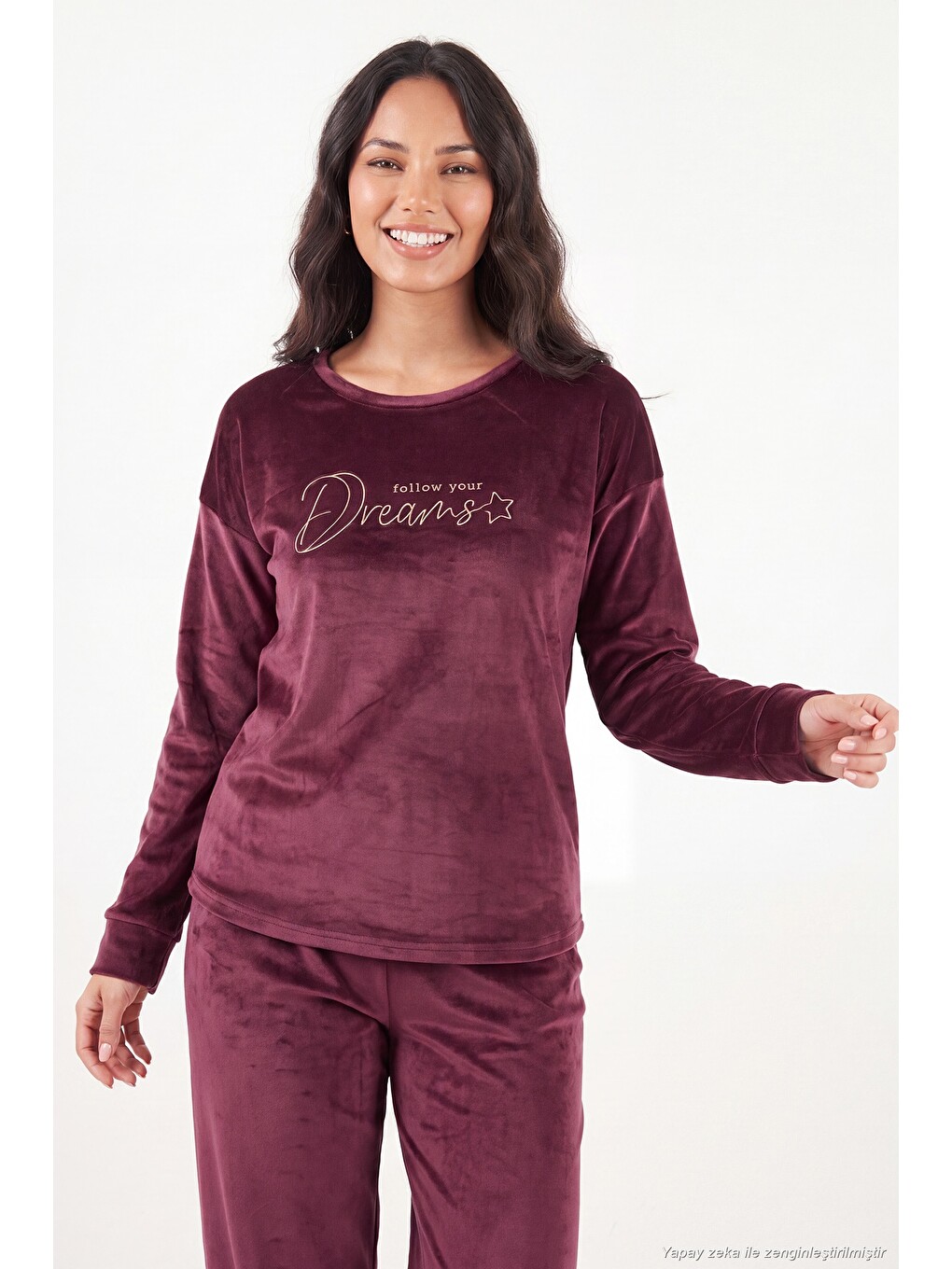 Mürdüm Bisiklet Yaka Yumuşak Dokulu Parlak Kadife Kadın Pijama Takımı 6094209-3
