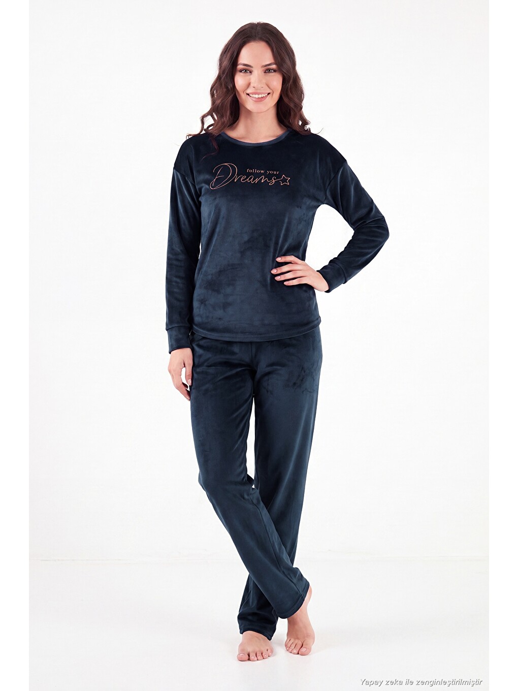 Lacivert Bisiklet Yaka Yumuşak Dokulu Parlak Kadife Kadın Pijama Takımı 6094209-3