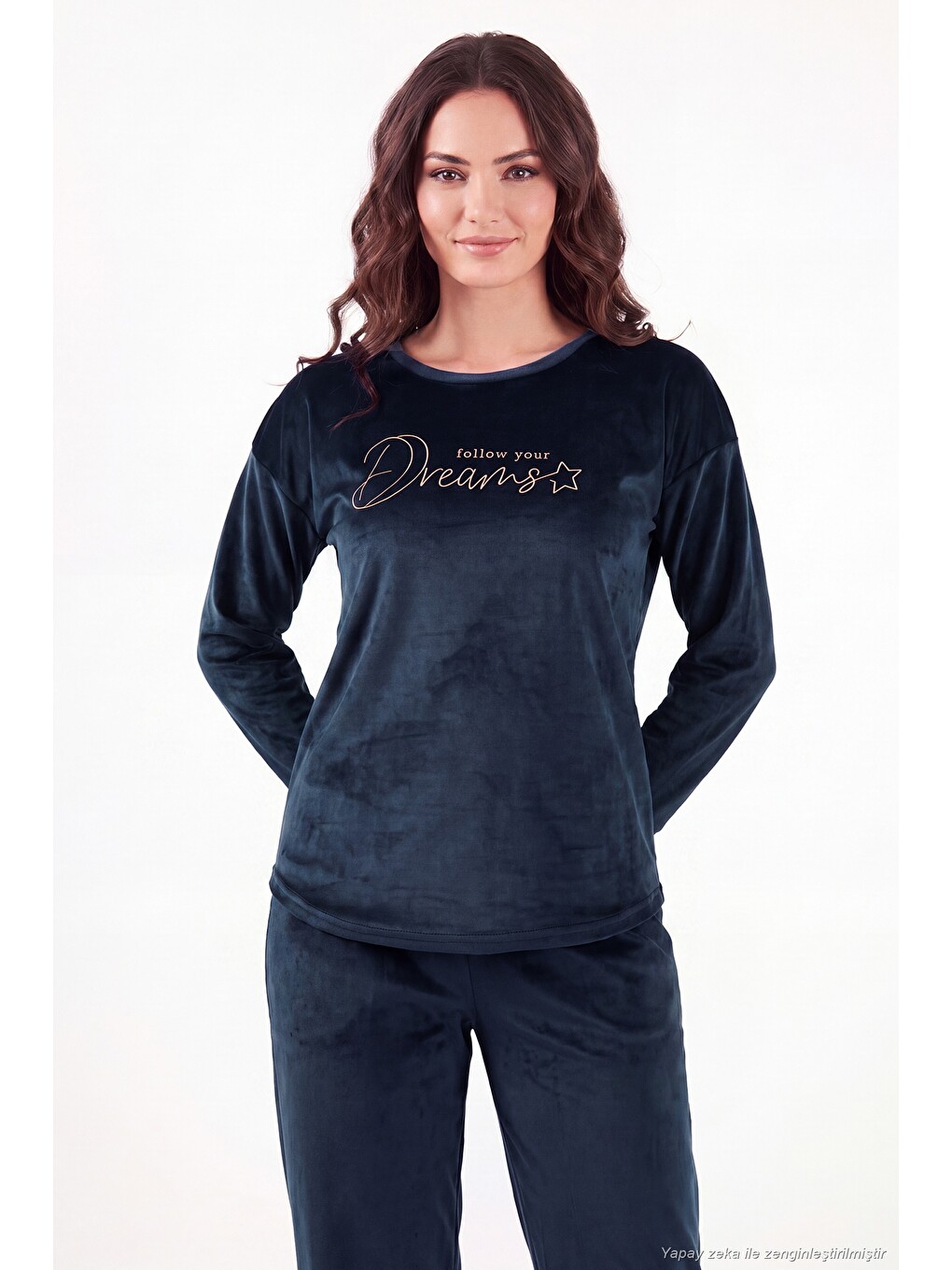 Lacivert Bisiklet Yaka Yumuşak Dokulu Parlak Kadife Kadın Pijama Takımı 6094209-4