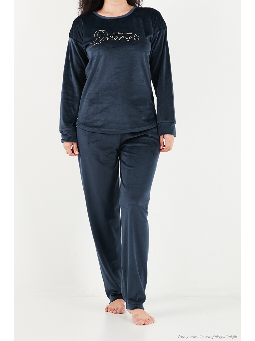 Lacivert Bisiklet Yaka Yumuşak Dokulu Parlak Kadife Kadın Pijama Takımı 6094209-5