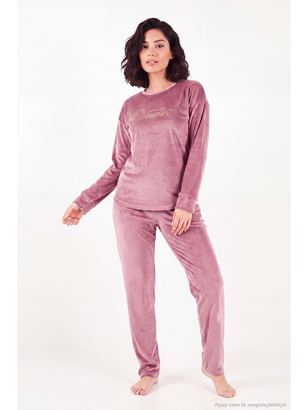 Pembe Bisiklet Yaka Yumuşak Dokulu Parlak Kadife Kadın Pijama Takımı 6094209-1