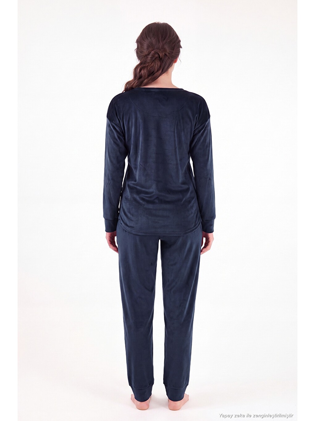 Lacivert Bisiklet Yaka Yumuşak Dokulu Parlak Kadife Kadın Pijama Takımı 6094209-6