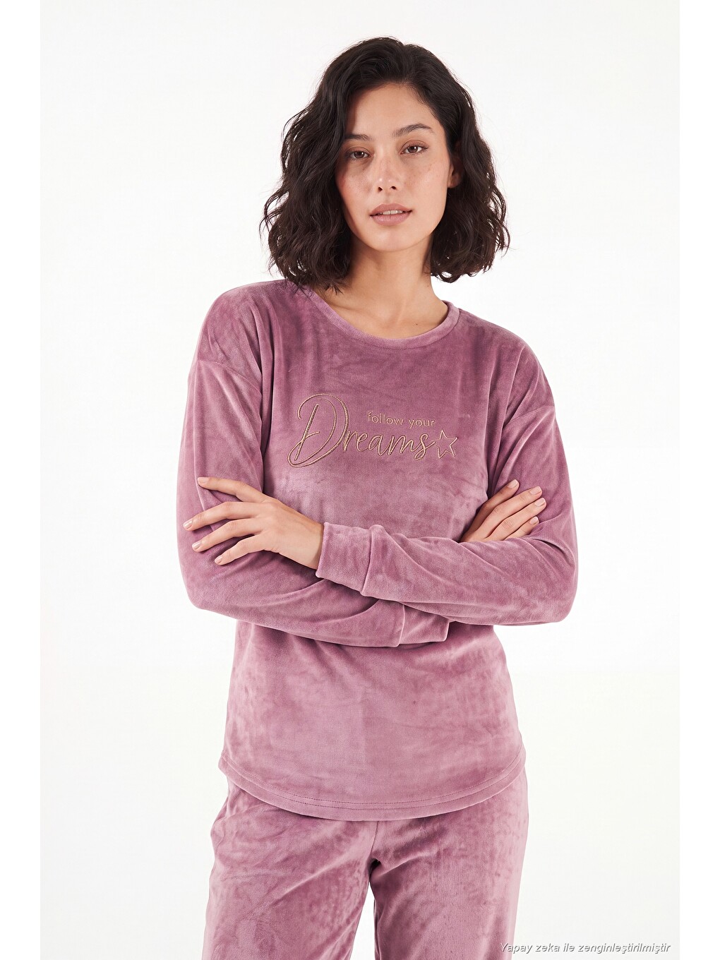 Pembe Bisiklet Yaka Yumuşak Dokulu Parlak Kadife Kadın Pijama Takımı 6094209-3