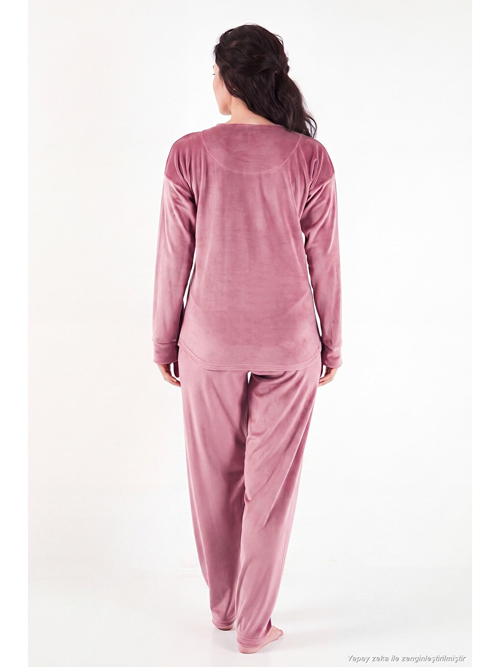 Pembe Bisiklet Yaka Yumuşak Dokulu Parlak Kadife Kadın Pijama Takımı 6094209-5