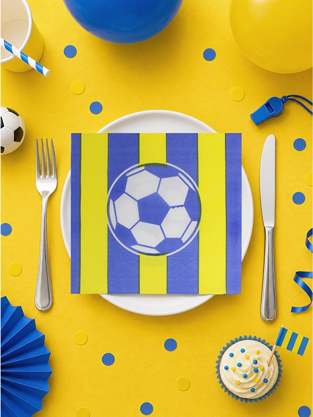 Sarı Lacivert Futbol Temalı Kağıt Peçete – Doğum Günü Parti Süsleri 20'li