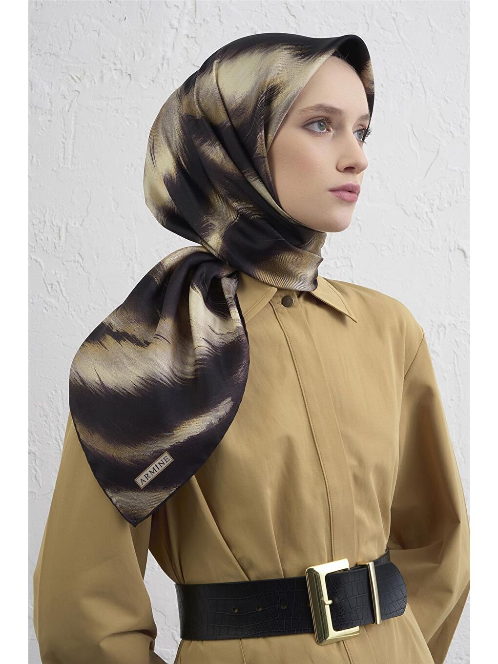 Kahverengi Leopar Desenli Saf İpek Twill Eşarp 9432D 02-1